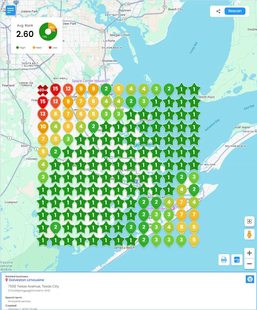 Airport shuttle local SEO result in Galveston, TX
